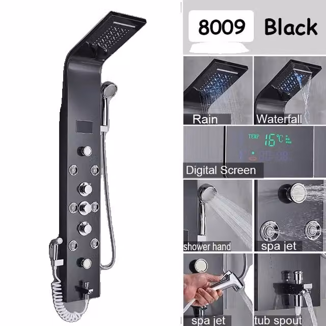 Pannello doccia design a cascata, getti massaggianti e miscelatore bidet, nero 8009