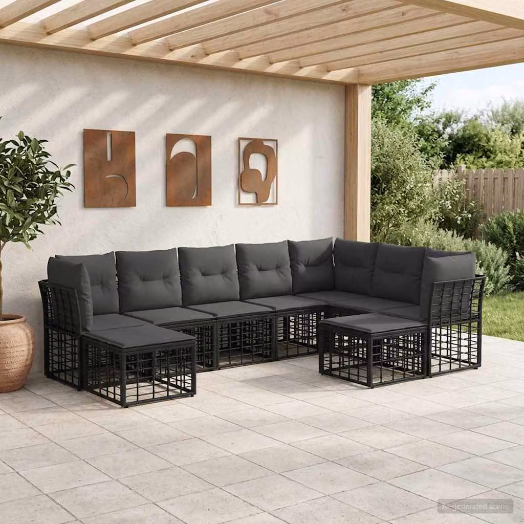 Set di divani da esterno a L vidaXL con pouf e cuscini, struttura in acciaio verniciato e tessuto nero e grigio
