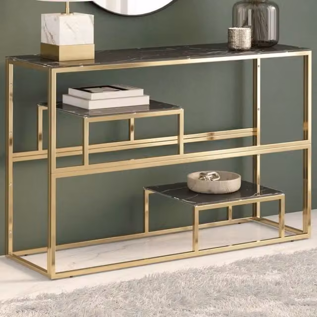 Tavolino Consolle Moderno vidaXL in Vetro e Metallo Oro e Nero con Top Rettangolari Annidabili