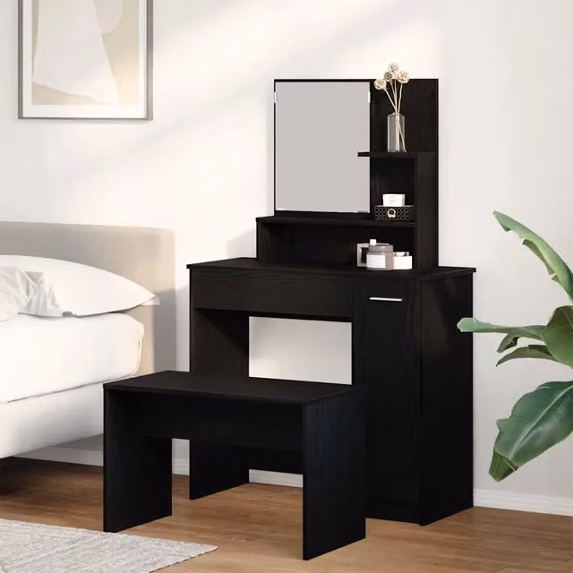 Set Tavolo da Trucco 2 pz vidaXL Nero L: 86,5 cm, P: 35 cm, H: 136 cm