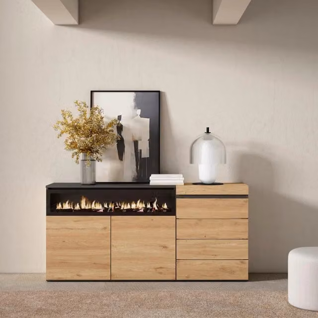 Credenza, 157x35x75cm, Camera da letto, Camino elettrico, Cassettiera, colore Rovere RF3410
