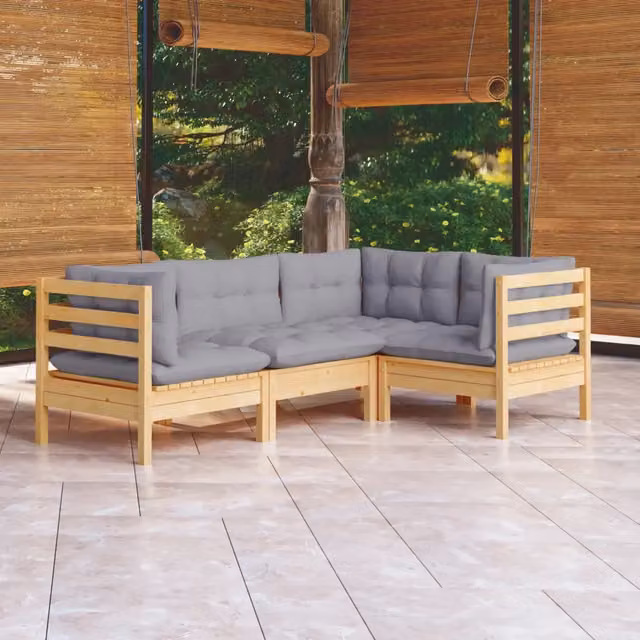 Set Divani da Giardino 4 pz con Cuscini Grigi Massello di Pino 3096369