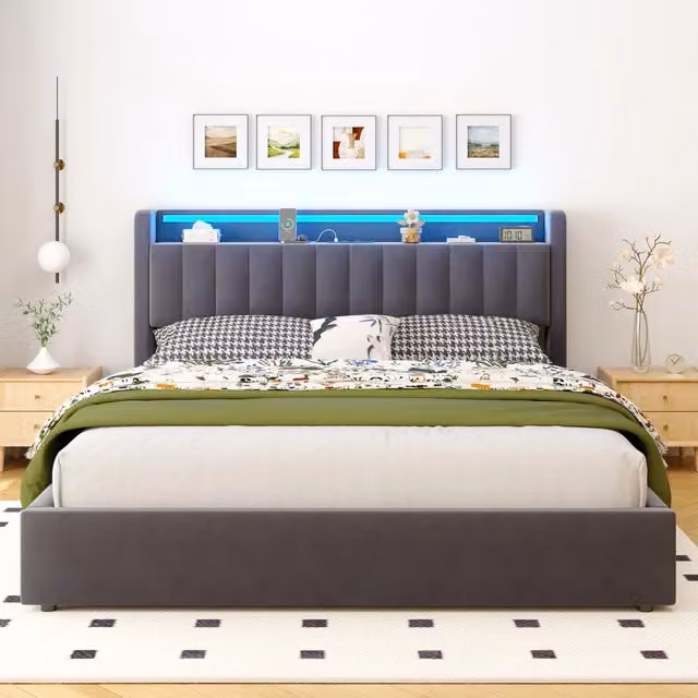 LETTO Imbottito 140 x 200 cm Grigio Scuro con Contenitore, USB e LED