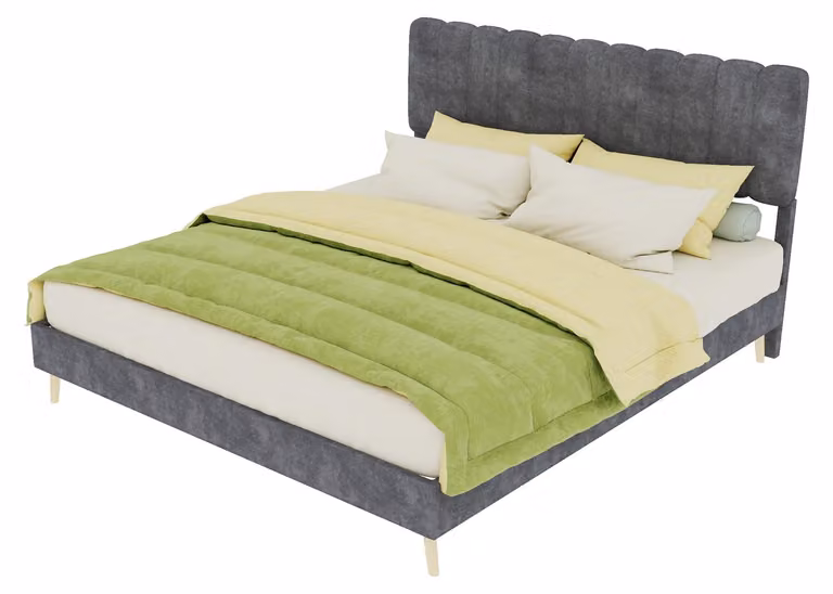 Letto imbottito 160x200 cm, color grigio, rivestito in velluto olandese, con struttura contenente un morbido poggiatesta, ideale per camere da letto