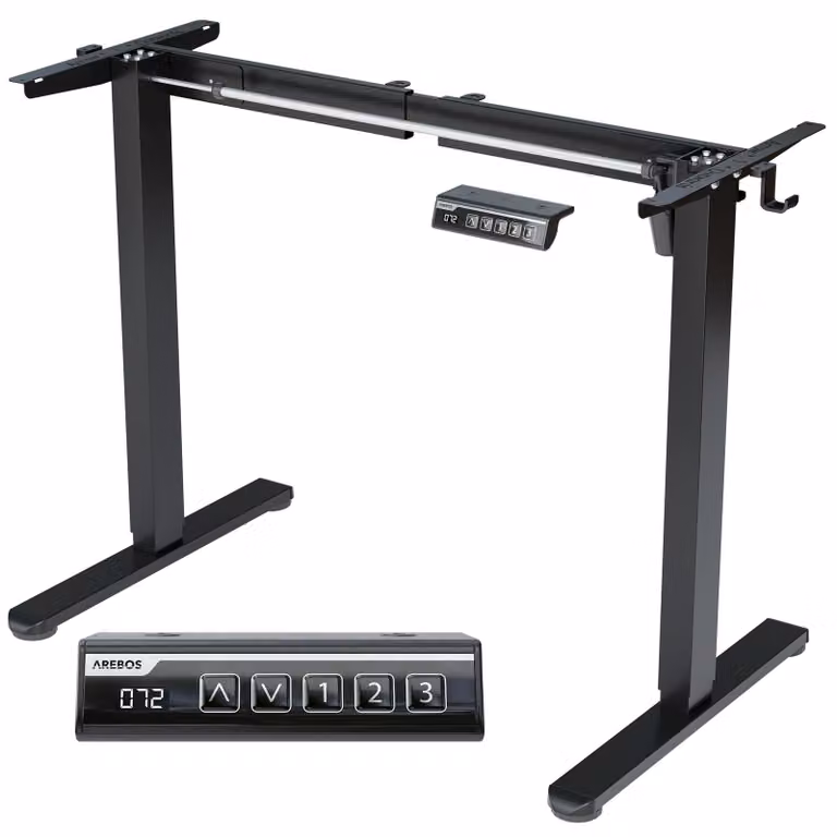 Struttura per scrivania AREBOS, regolabile elettricamente in altezza, con singolo motore, capacità di carico 70 kg, altezza regolabile da 70,5 a 116,5 cm, display LCD, memoria preimpostazioni, protezione anticollisione, colore nero, ideale per l'ufficio d