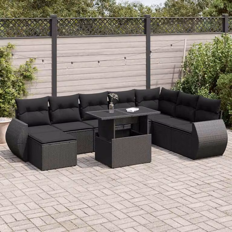 Set Divani da Giardino vidaXL 9 pz in Polyrattan Nero con Cuscini e Tavolino da Esterno
