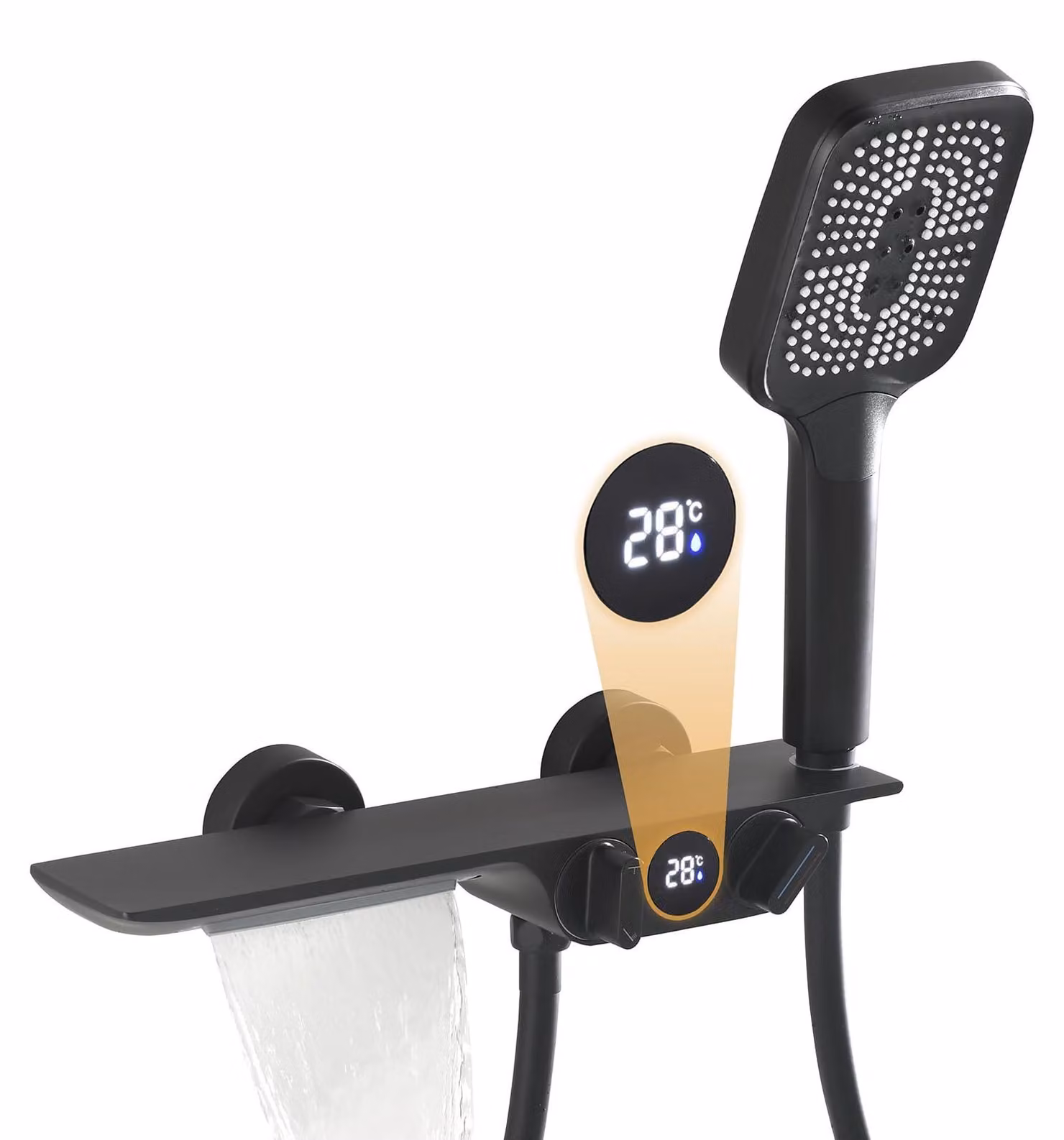 Miscelatore per doccia a cascata, nero, con doccetta manuale, 3 funzioni, 150 cm