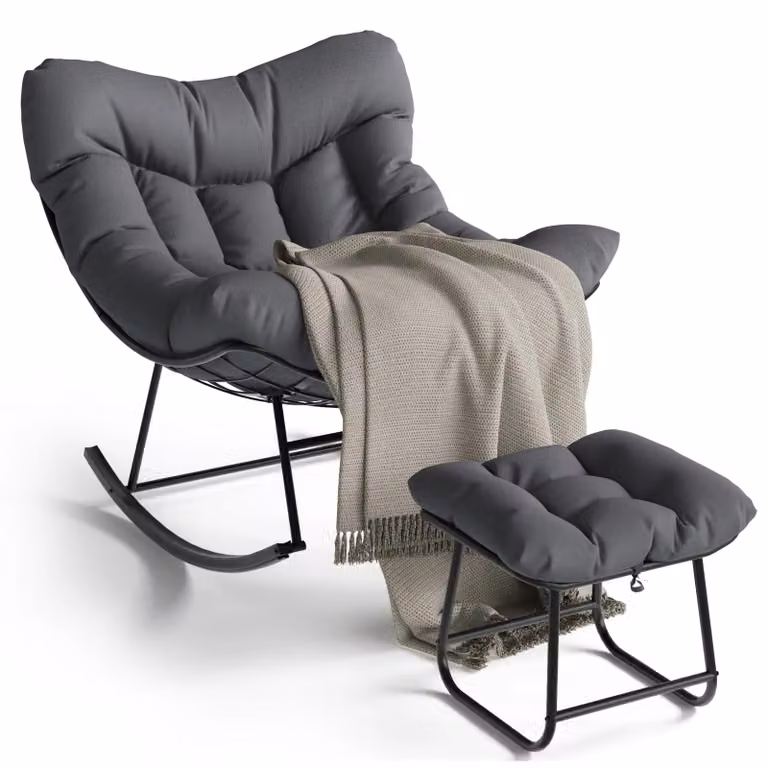Sedia a dondolo Papasan da esterno - Sedia a forma di uovo con struttura in metallo - Sedia a dondolo per giardino, balcone o terrazza - Realizzata in rattan sintetico - Cuscino spesso incluso - Con poggiapiedi - Colore grigio scuro