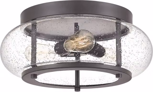 Plafoniera Industrial Nordica Trilogy Quoizel in Metallo Bronzo Antico con 3 Luci E27 e Vetro Trasparente