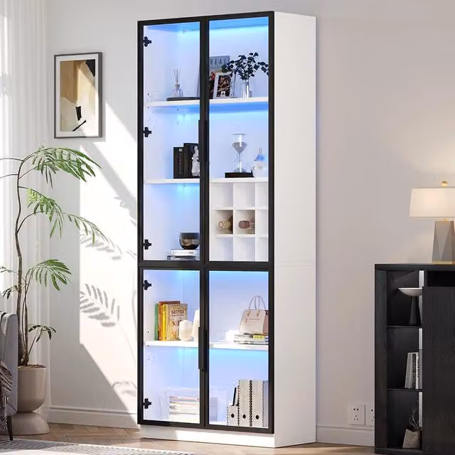 Vetrina 80x35x200 cm con LED - Xylo - ante in vetro, biblioteca, supporto vino, elegante buffet doppia anta