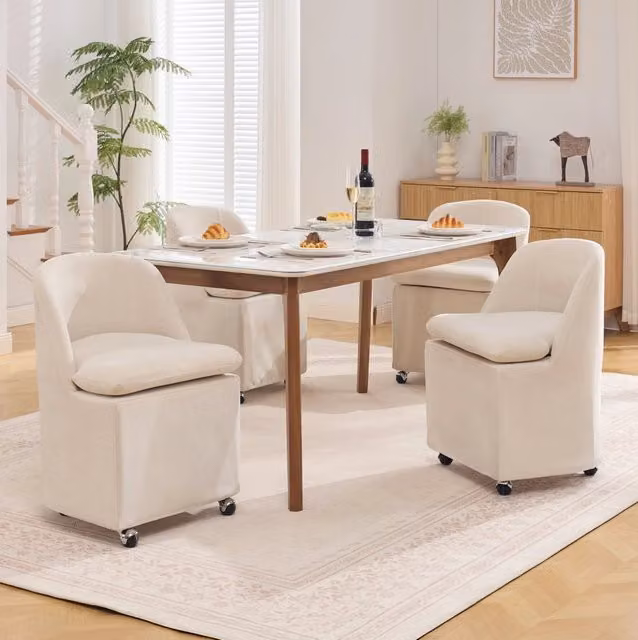 Set da 2 Sedie da Pranzo Imbottite in Tessuto Chenille Beige con Ruote Universali e Schienale Ergonomico