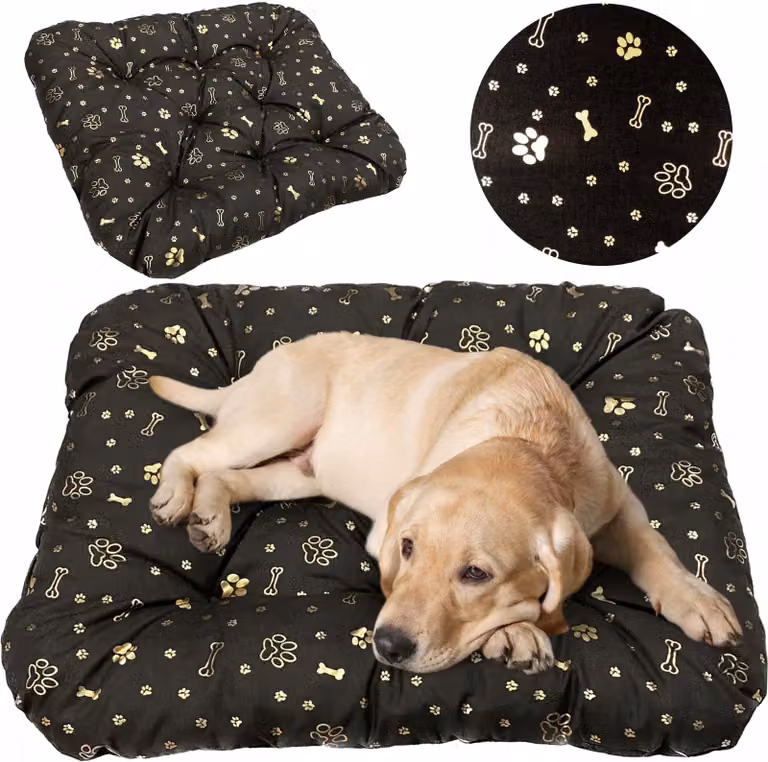 Cuccia per cani, lettiera 120x90 cm, cuscini, divano, lettino, recinto, Shaggy, ossi, oro