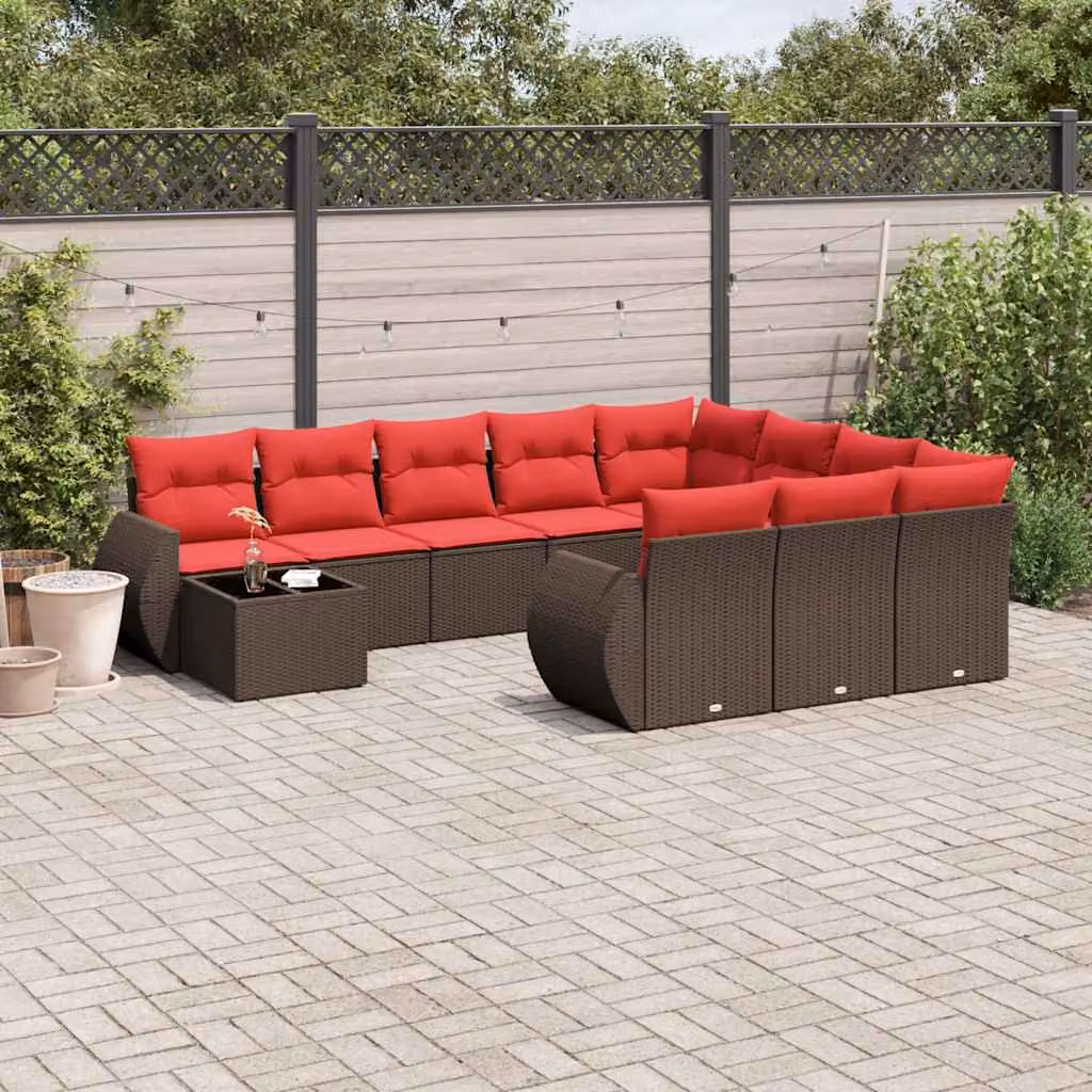 Set Divani da Giardino vidaXL 11 pz a Forma a L con Tavolino in Polyrattan e Cuscini Marroni e Rossi