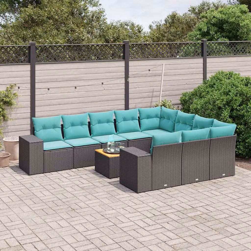 Set Divani da Giardino vidaXL 11 pz in Polyrattan con Cuscini e Tavolino da Esterno, Design Moderno a L, Colore Nero