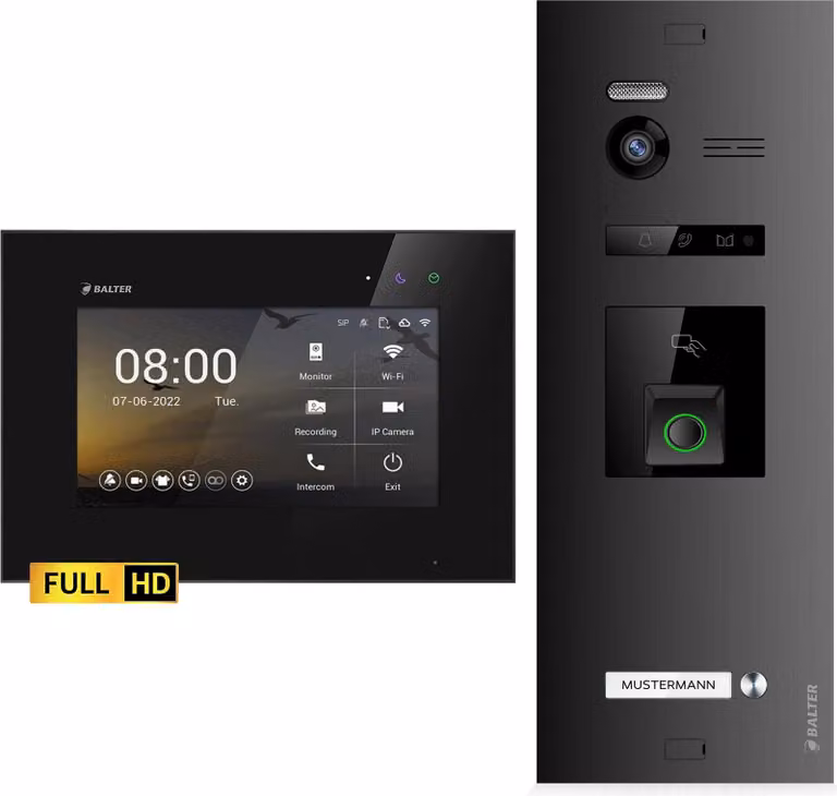 Videocitofono Balter EVO HD con lettore di impronte digitali e RFID per casa unifamiliare, 1 monitor, nero