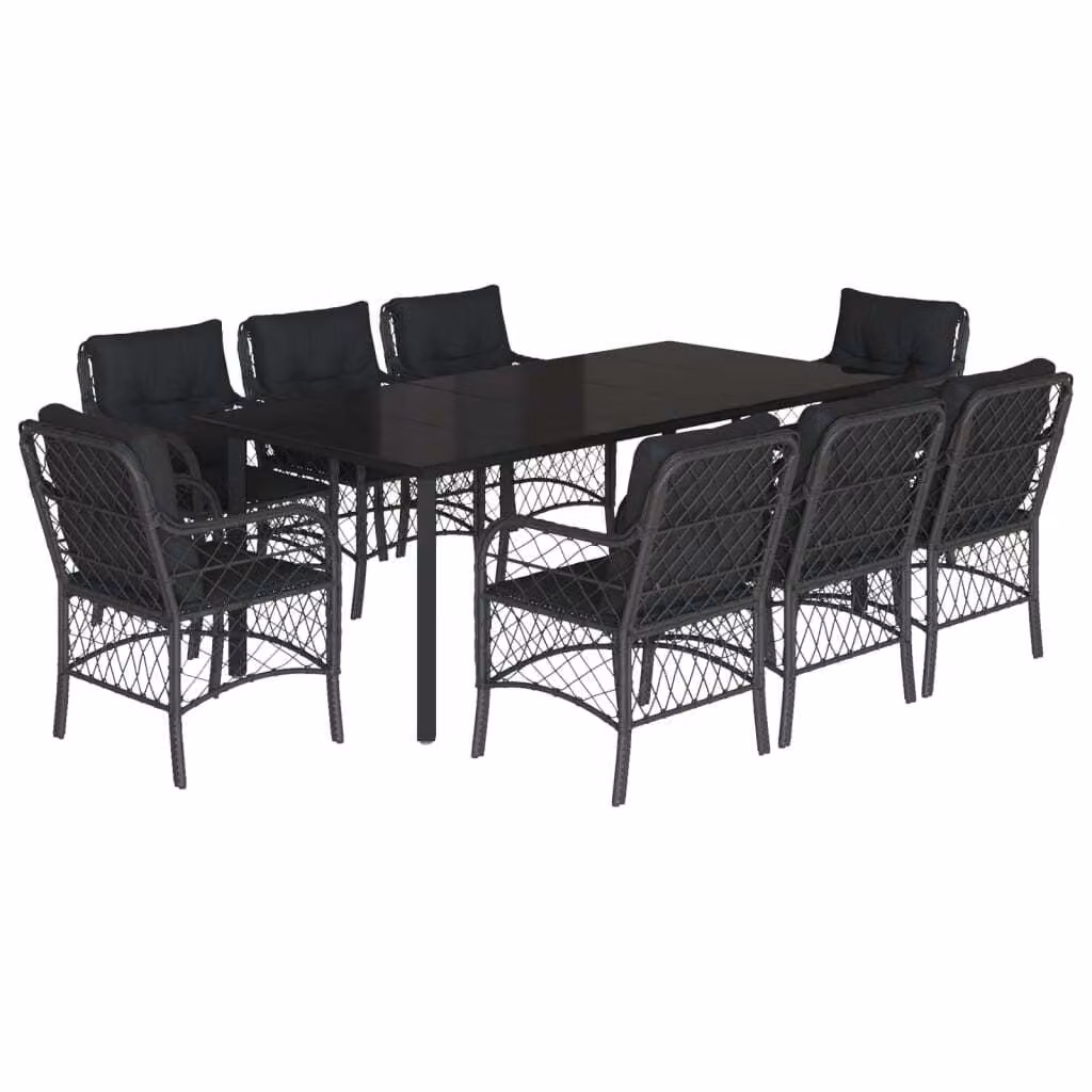 Set da Pranzo da Giardino 9 pz con Cuscini Nero in Polyrattan