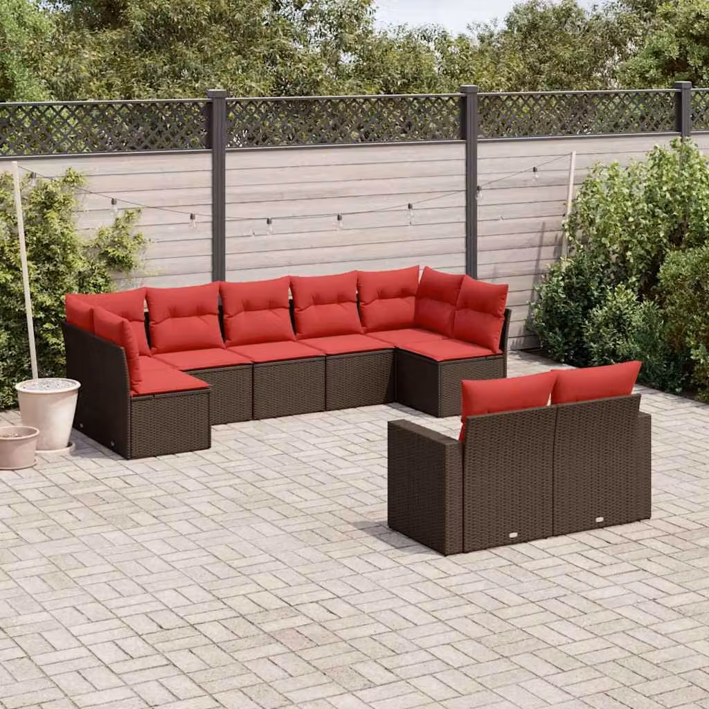 Set di divani da giardino vidaXL a forma di L composto da 9 pezzi con cuscini marroni in polyrattan e struttura in metallo – 1