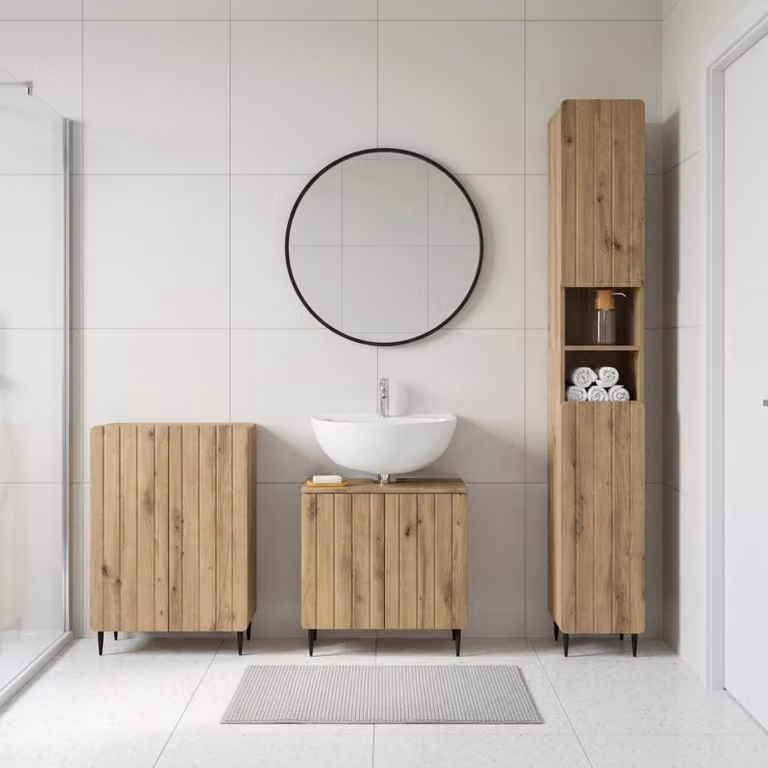 Set di armadietti da bagno moderni vidaXL ZWOLLE in 3 pezzi, Rovere Marrone con mobile lavabo e pensili