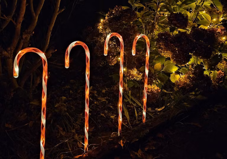 Bambelaa! LED bastoncini di zucchero da giardino rosso bianco 74 cm decorazione natalizia da esterno illuminata con 32 LED a batteria per giardino e casa (timer e 8 modalità di illuminazione)