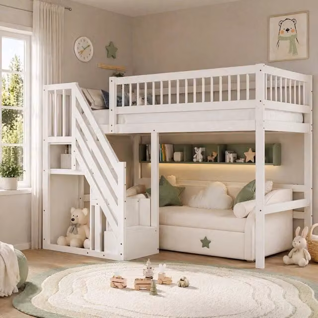 Letto a soppalco singolo MIVRAY in legno e MDF bianco con scala contenitore e scomparti laterali per bambini e ragazzi L/P/H: 200 x 90 x 173 cm