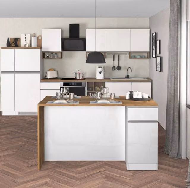 WHOUS Isola da cucina Sole a 2 ante e 2 cassetti bianco lucido e rovere 160x90x90 cm