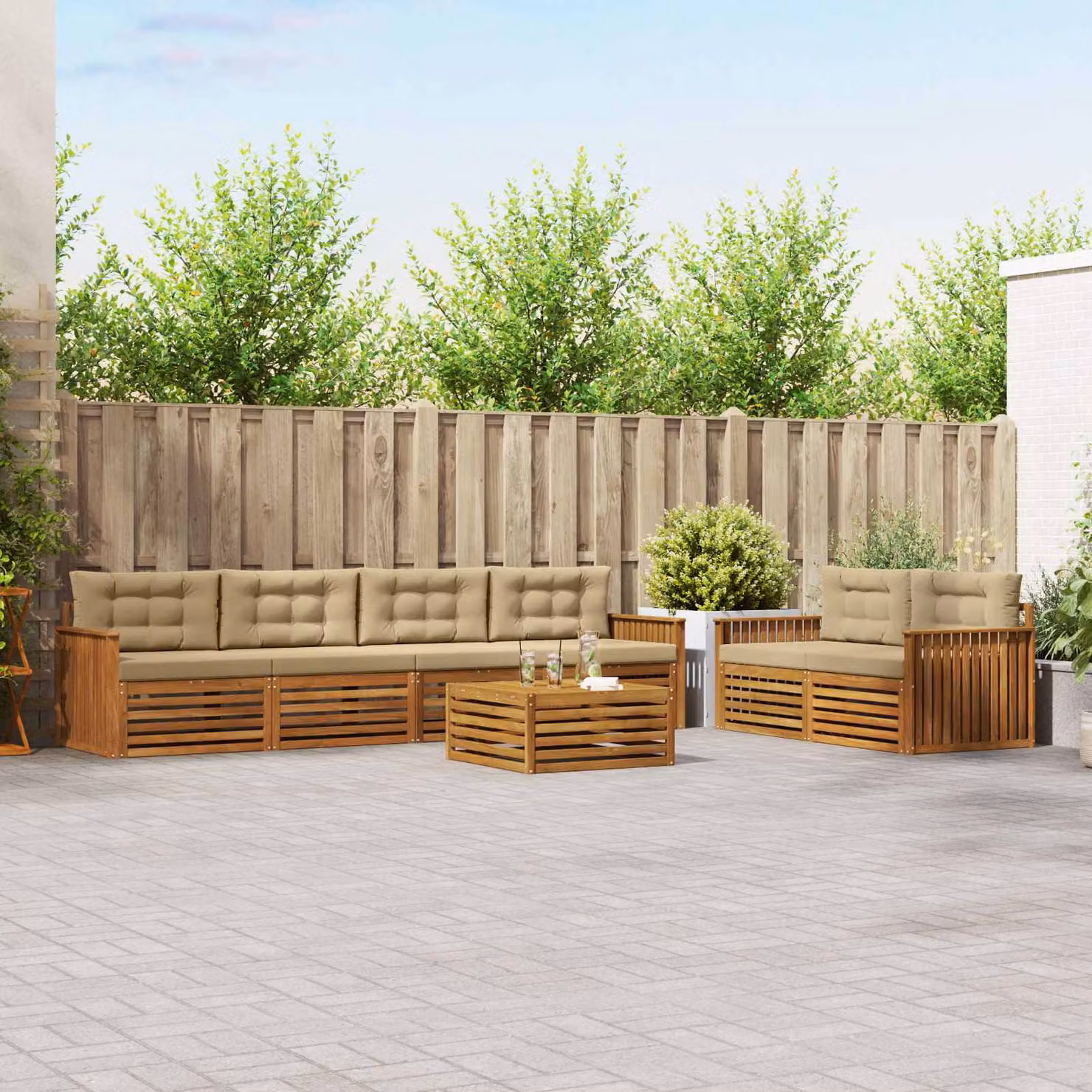 Set di divani da esterno vidaXL 7 pezzi in legno di acacia con tavolo da caffè, colore beige e marrone