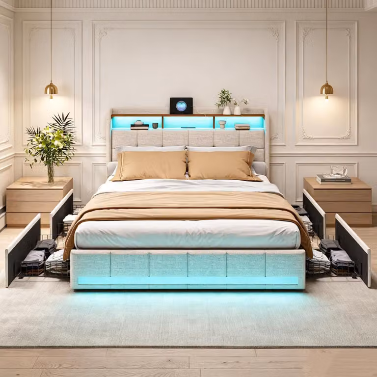 Letto imbottito INONEFT, 140x200 cm, con spazio contenitore, letto per ragazzi con 4 cassetti, prese USB e di tipo-C, letto matrimoniale con rete a doghe e illuminazione LED, colore: lino, beige