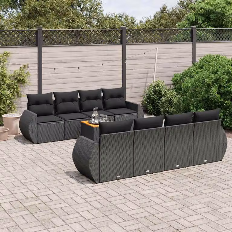 vidaXL Set Divani da Giardino 9 pz con Cuscini e Tavolino Nero in Polyrattan e Acciaio
