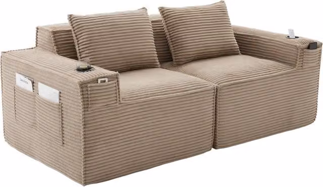Divano modulare 2 posti 188x90x75 cm in velluto a coste con portabevande; kaki