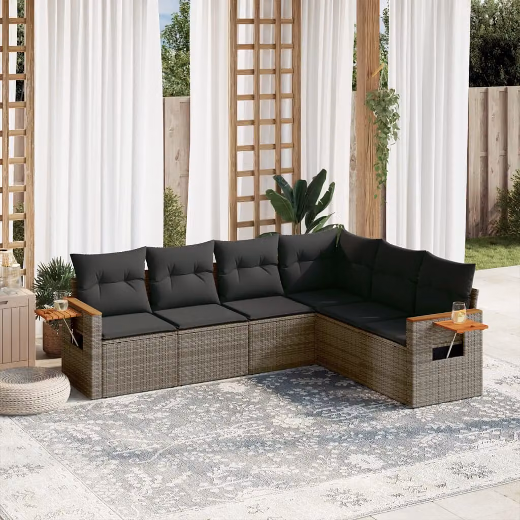 vidaXL Set Divano da Giardino a L in Polyrattan Grigio con Cuscini e Tavolino da Caffè – 1