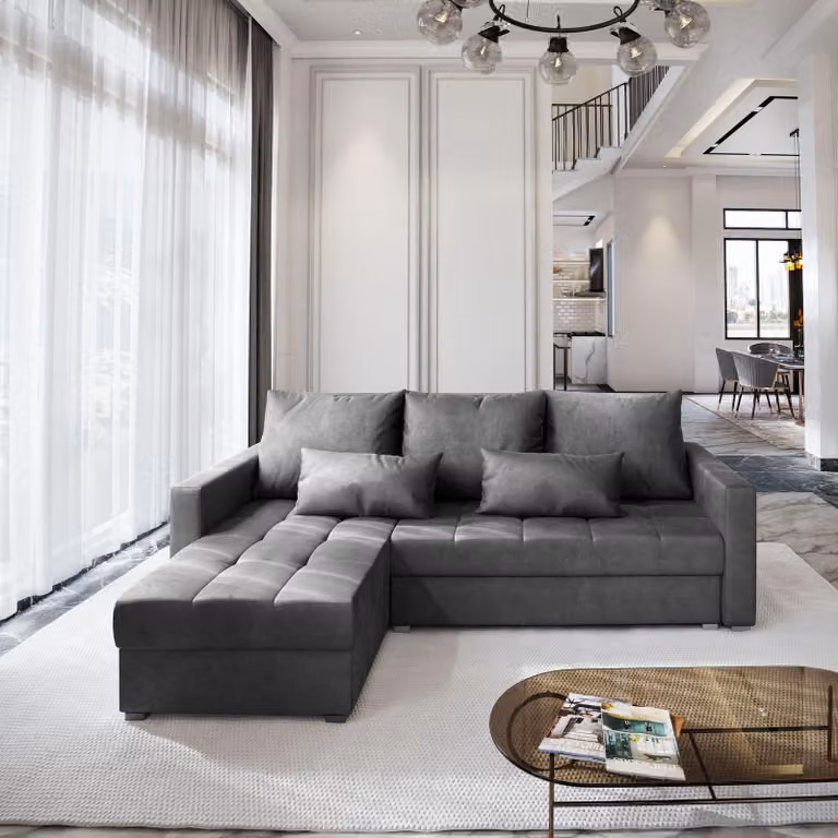Divano angolare Masseno KOS PIK M con funzione letto a L, divano con box letto, divano da soggiorno, divano, divano, divano letto, set di divani - grigio, MONOLITH 85