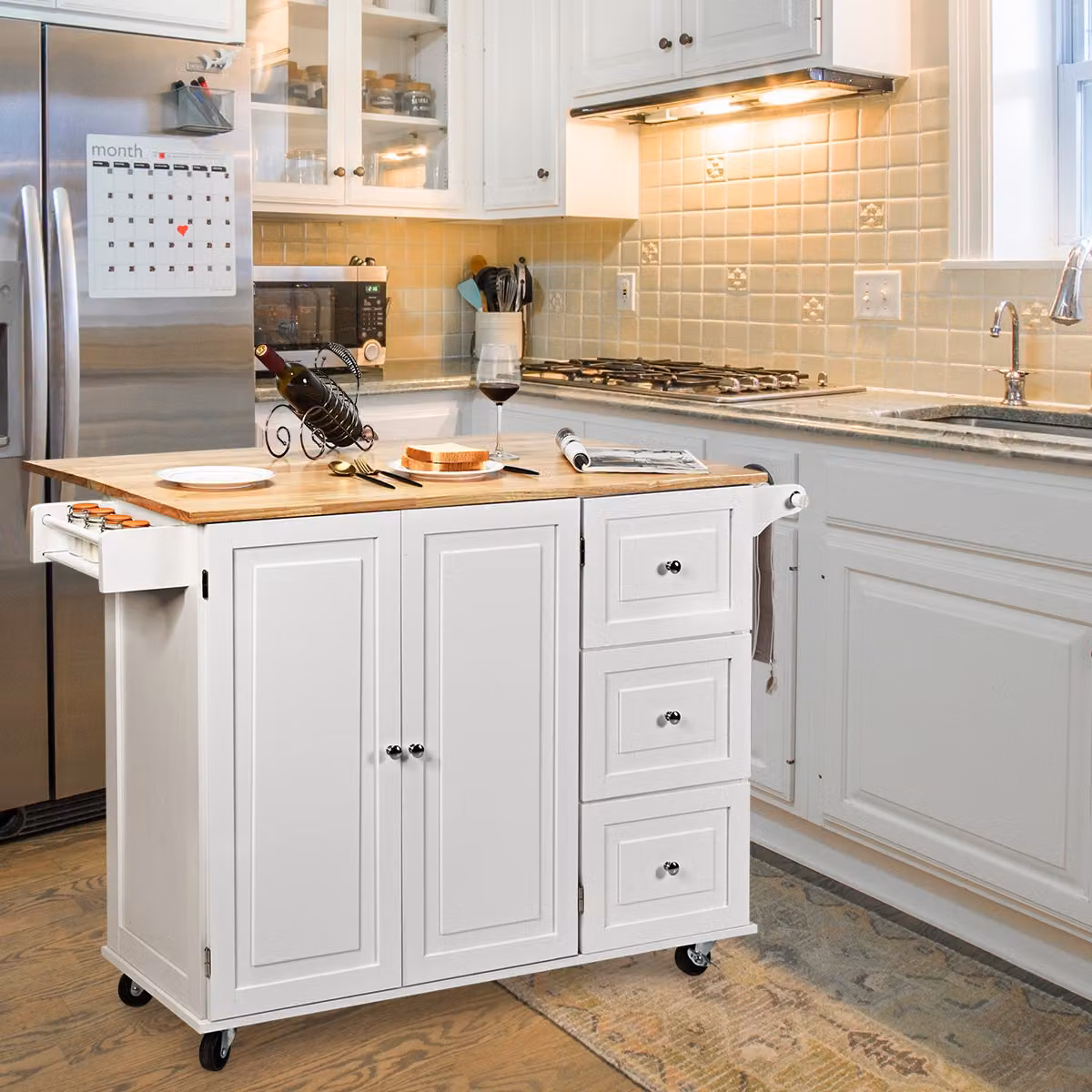 Isola da cucina con piano a ribalta e cassetti Costway, colore bianco opaco, stile moderno
