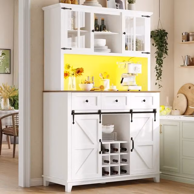 Mobile colonna da cucina con porte in vetro LED regolabile MDF bianco con portabottiglie removibile 105 × 38;4 × 180 cm
