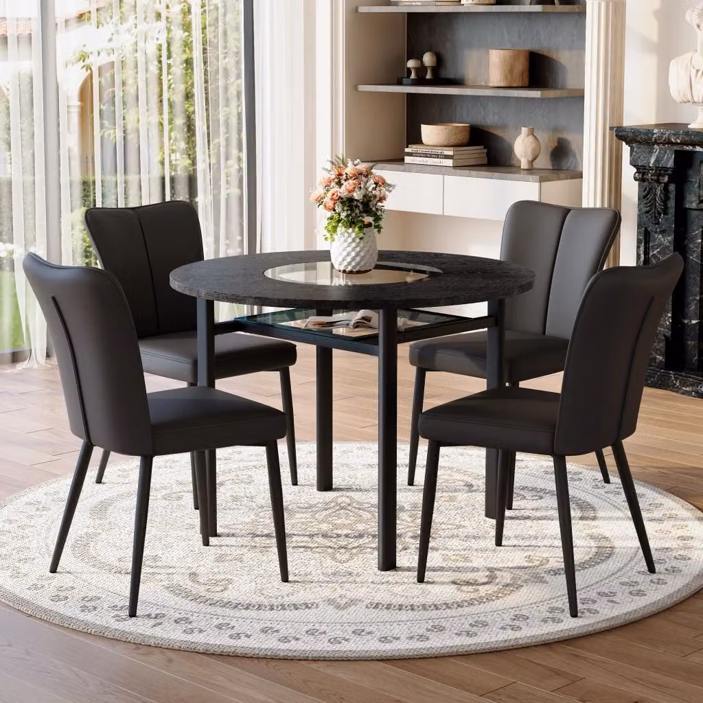 Set da pranzo moderno MIVRAY con tavolo rotondo in vetro e ripiano in MDF e 4 sedie in similpelle nera e trasparente – 2