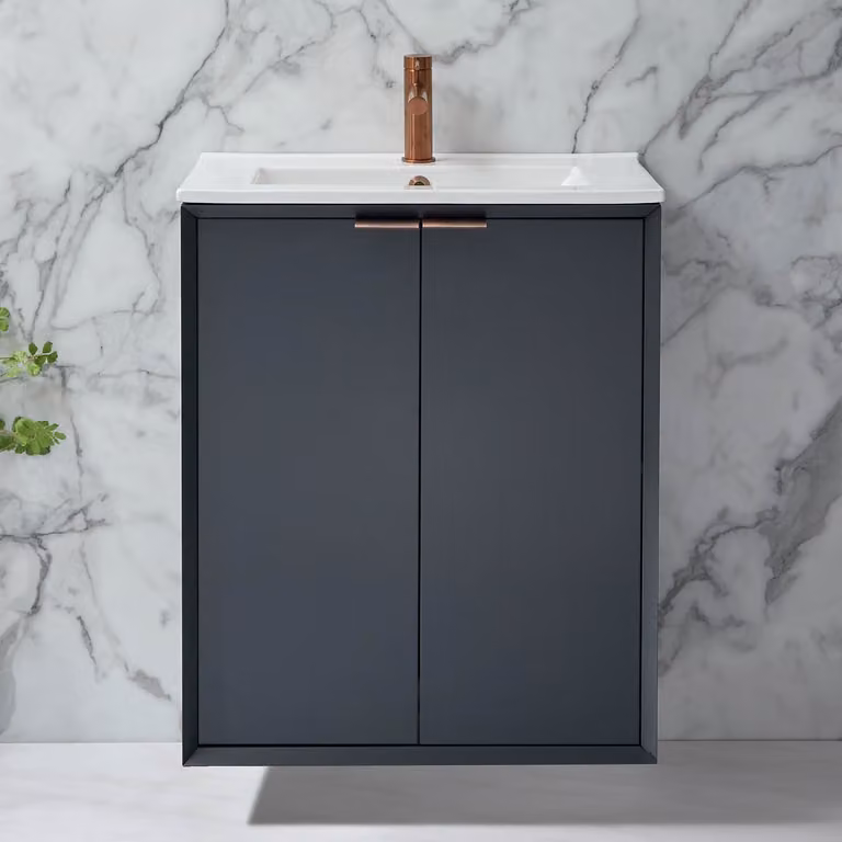 Mobile Bagno Sospeso Antracite 610mm con Lavabo e Maniglie con Impugnatura a Dito in Rame Satinato - Edge
