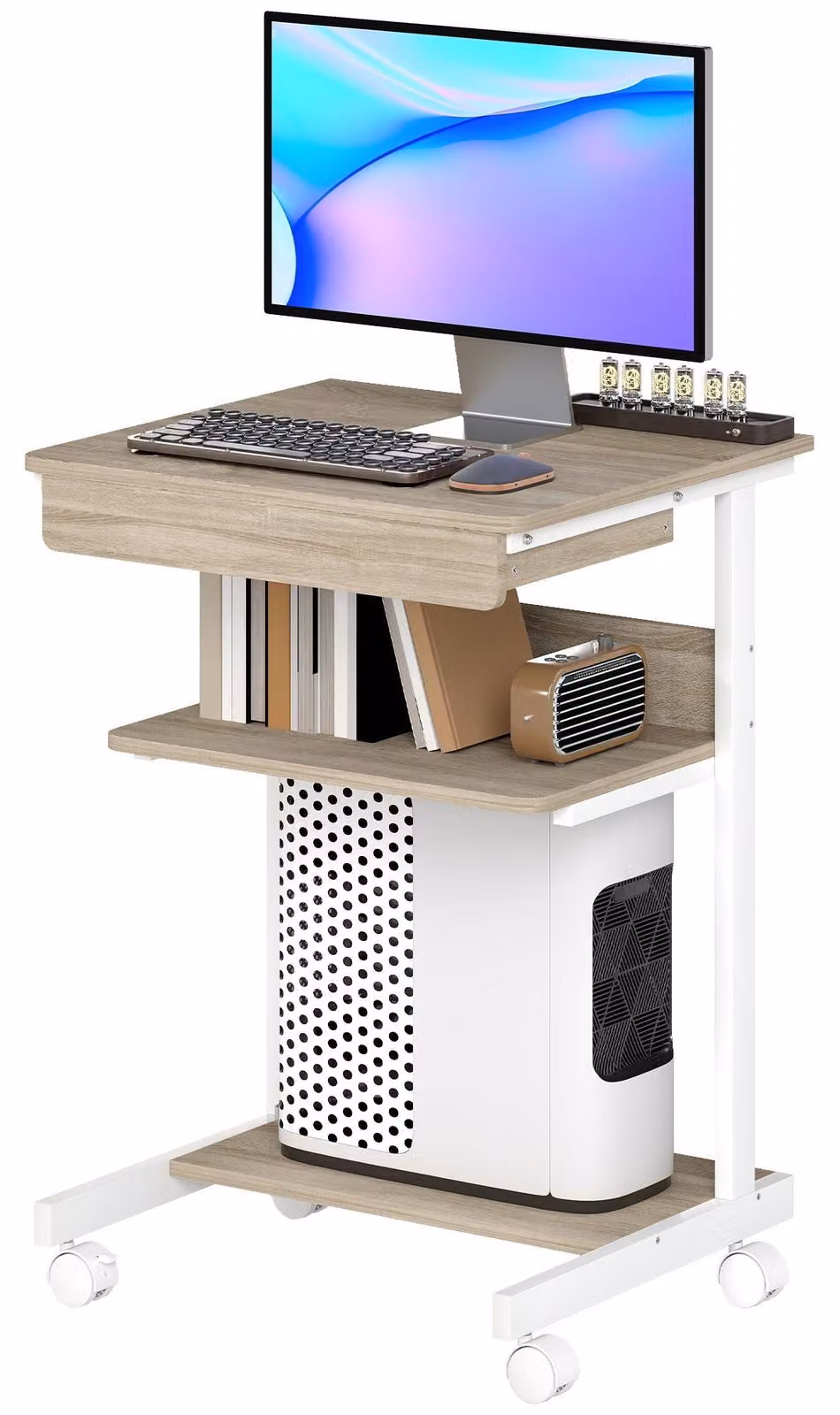 Scrivania su ruote con cassetto e ripiani | Colore: Marrone/Bianco | Dimensioni: 56x51x79 cm