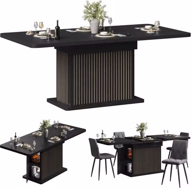 Tavolo da pranzo allungabile 120-160-200 x 80 cm in MDF e metallo; vano nascosto; marrone scuro