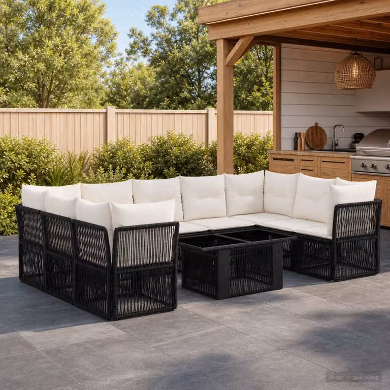 Set Divano da Giardino vidaXL 10 Pezzi in Polyrattan Nero con Tavolino e Cuscini Imbottiti a Forma a U
