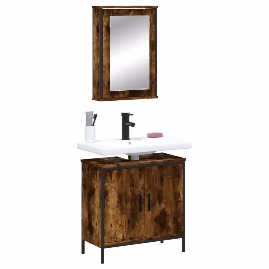 Set Mobili da Bagno Industrial in Legno e Metallo Marrone con Mobile Lavabo e Armadietto Specchio – 2