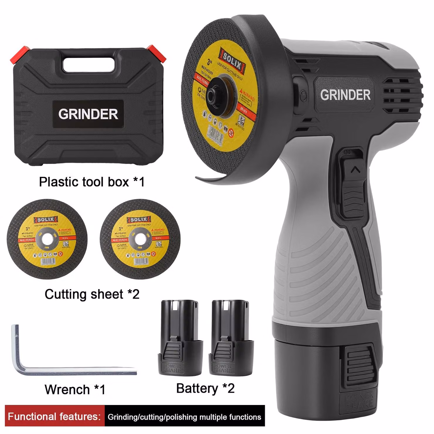 Smerigliatrice angolare mini senza fili - Smerigliatrice angolare elettrica - 2 batterie - 16,8 V - 6000 mAh - 19.500 giri/min - 2 dischi da taglio - Grigia