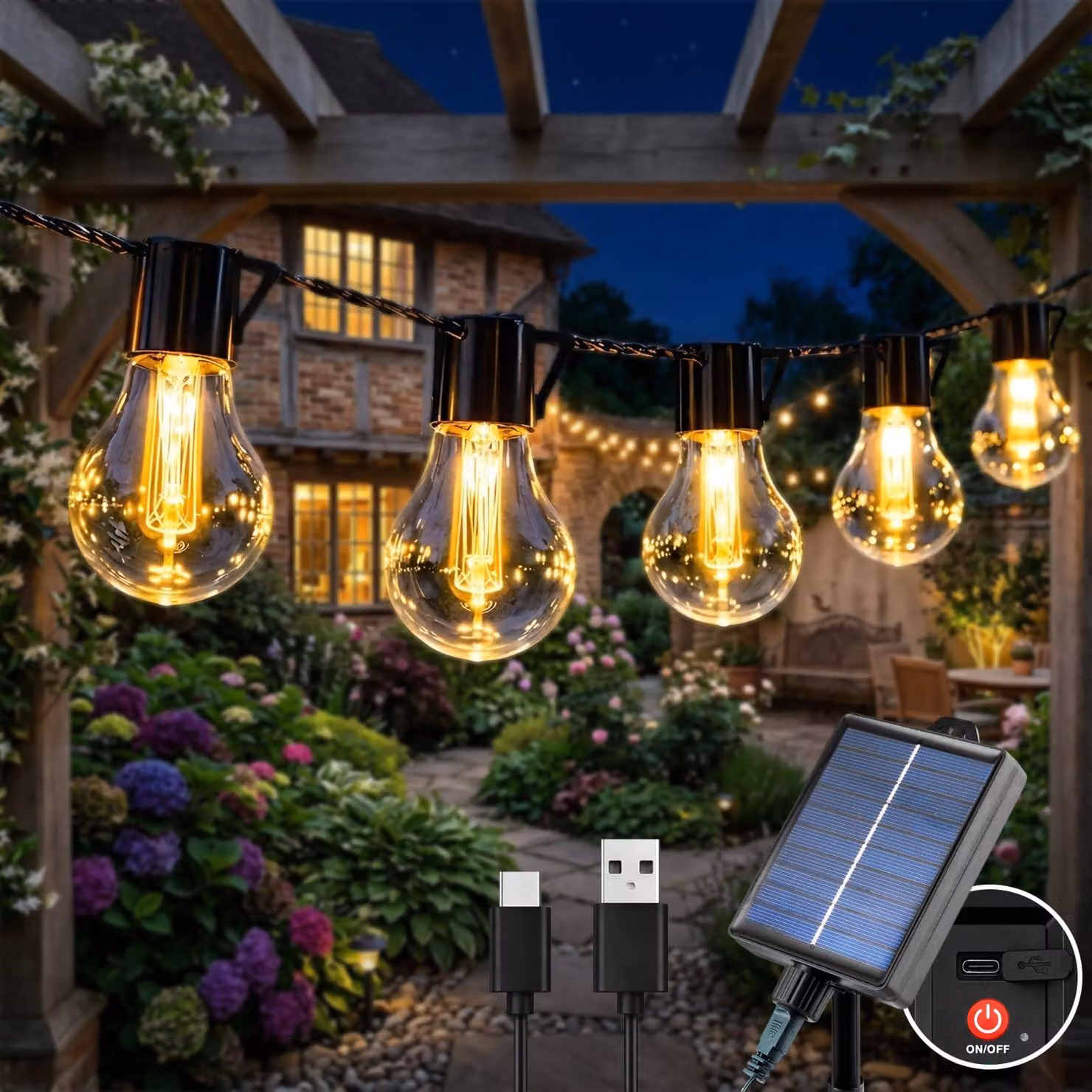 Catena luminosa solare con 20 LED, lunghezza 9 metri, luce bianca calda, grado di protezione IP65