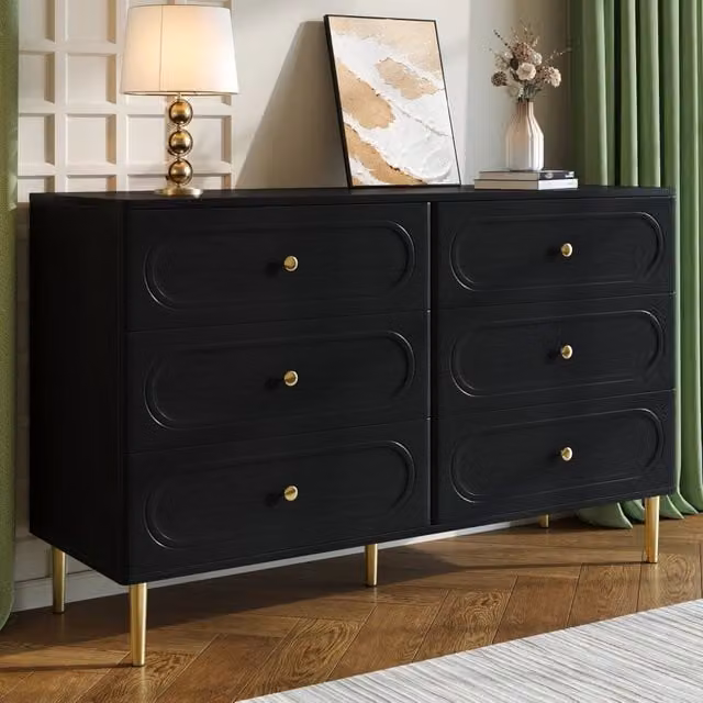 Credenza minimalista con 6 cassetti e gambe in metallo, colore nero, L/P/H: 120.0 x 40.0 x 75.0 cm