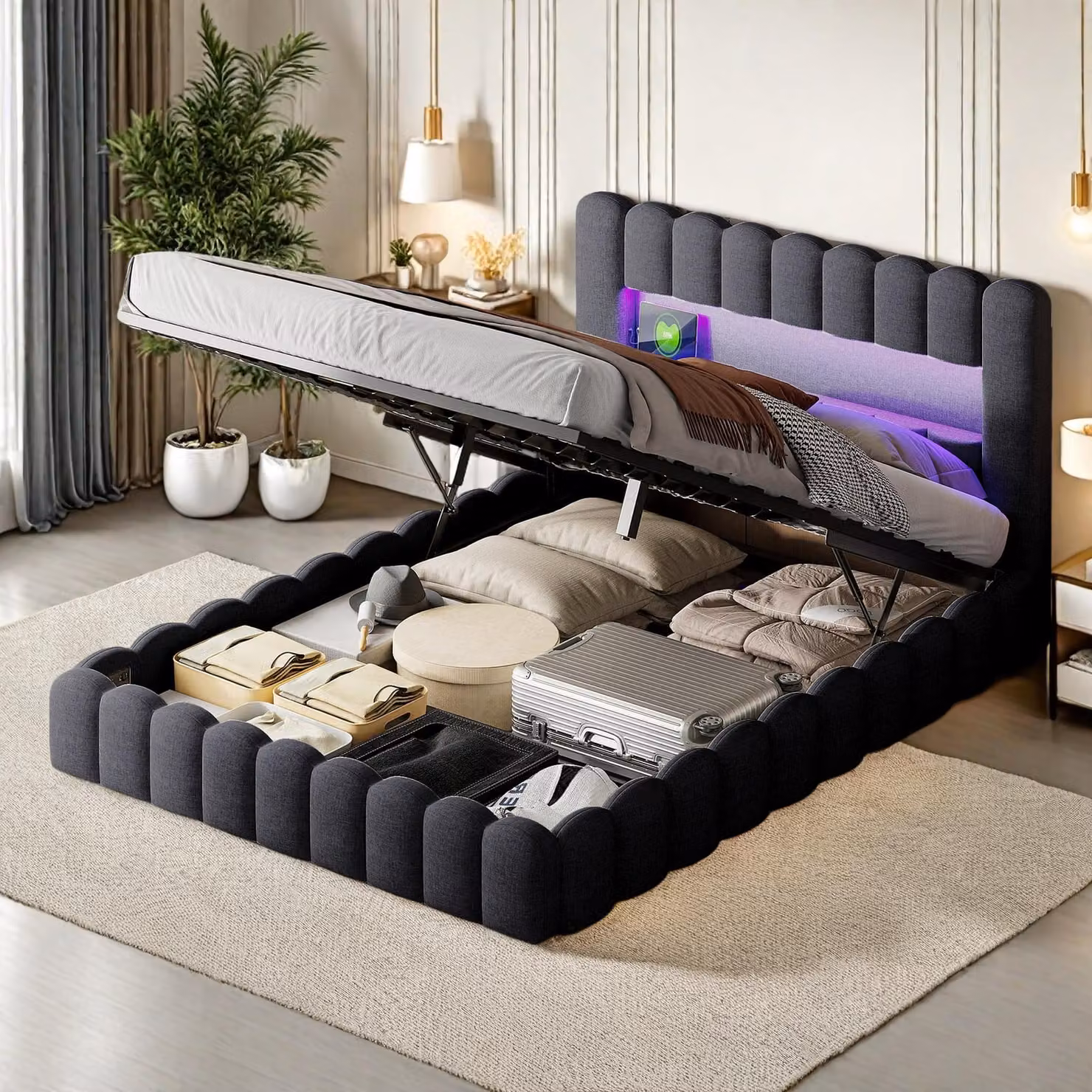 Struttura letto matrimoniale 180 x 200 cm, Grigio con contenitore, tessuto di lino, luci LED, testata e stazione di ricarica, rete a doghe