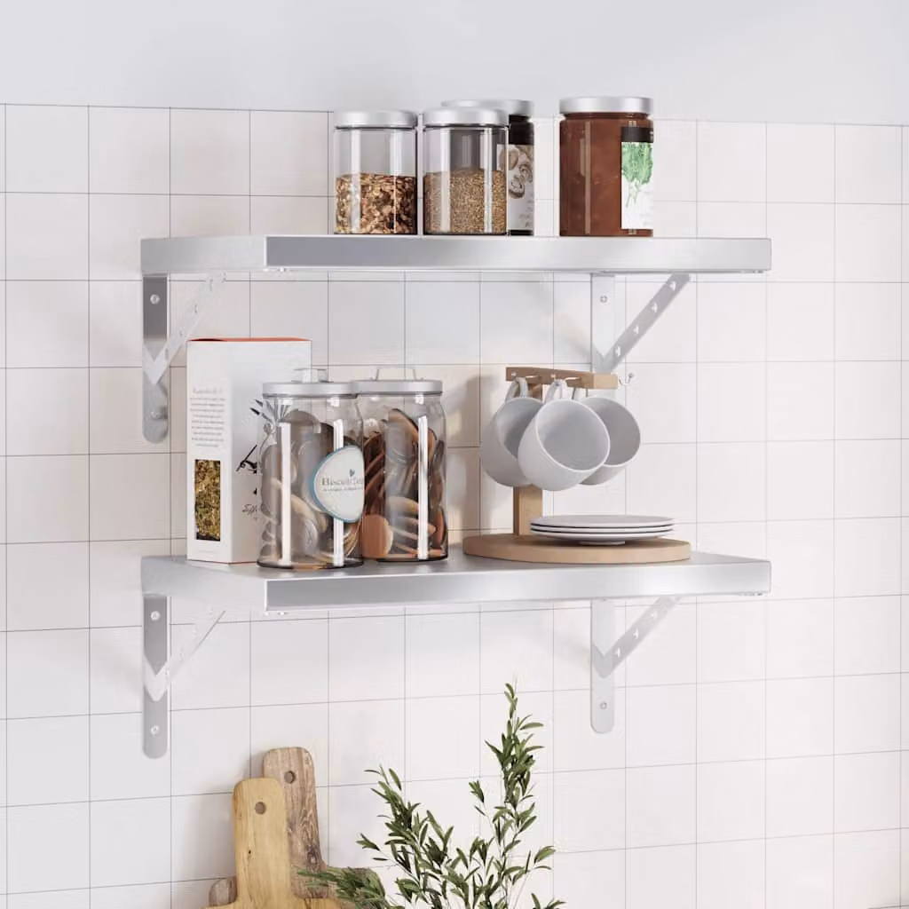 vidaXL Set di 2 Mensole da Muro in Acciaio Inossidabile Argento Opaco L: 50 cm, P: 30 cm