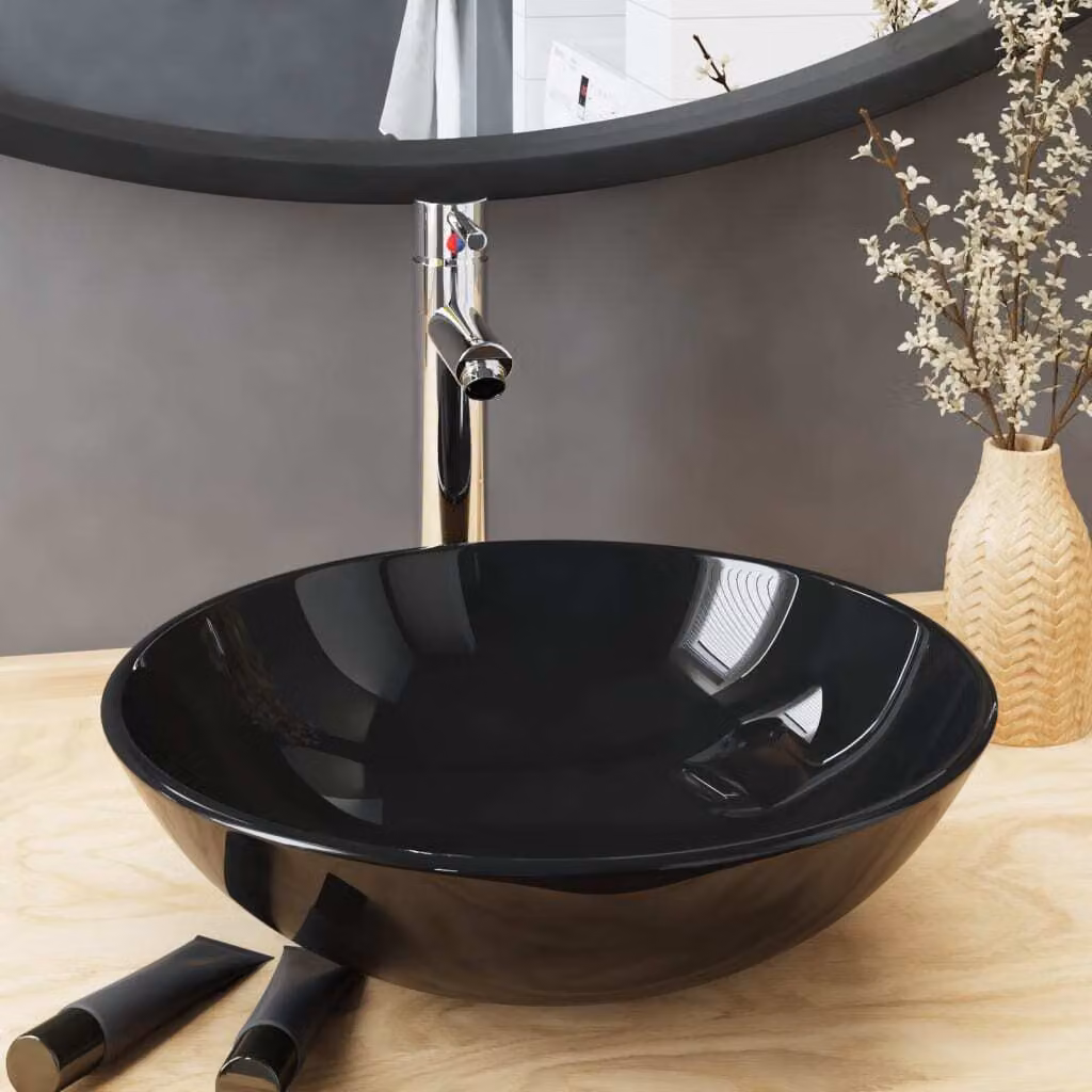 The Living Store Lavandino da bagno con rubinetto e scarico in vetro temperato nero