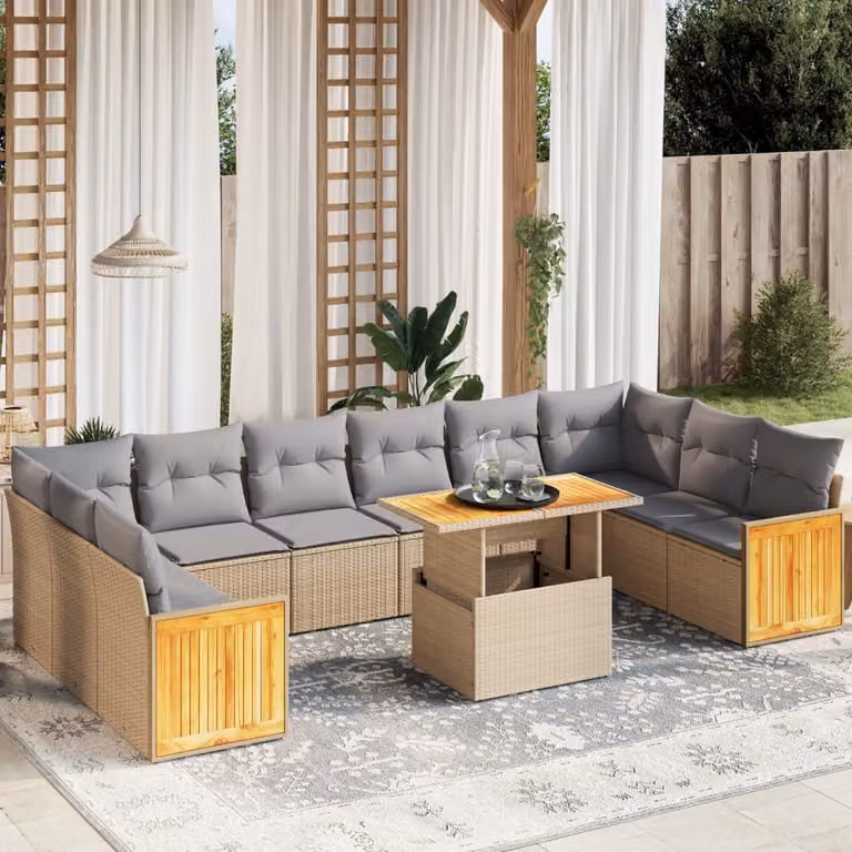 vidaXL Set Divani da Giardino 11 pz in Polyrattan con Cuscini Beige e Grigio per Esterno