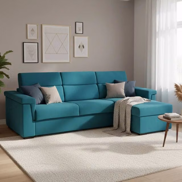 Divano Letto Esca DMORA con Penisola Sfoderabile, Made in Italy, Azzurro, L/P/H: 285 x 160 x 200 cm – 1