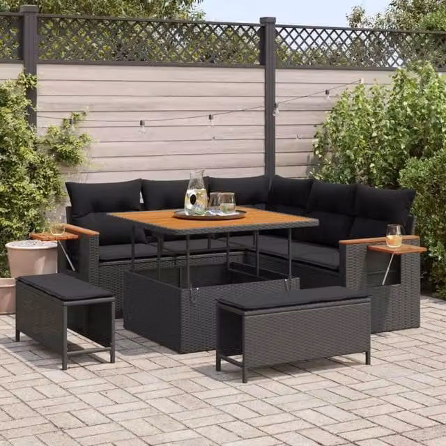 Set Divano da Giardino 9 pz 8-Numero di posti Nero polyrattan 3365114