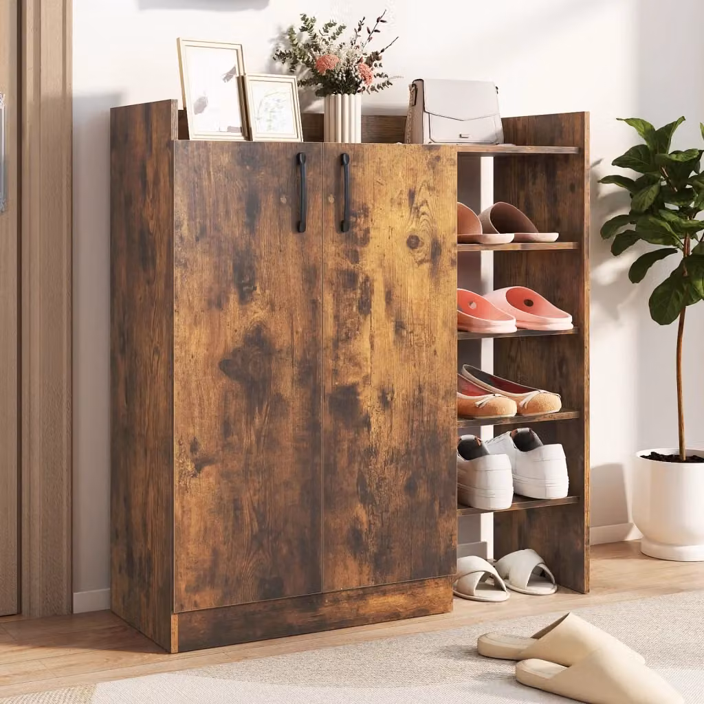 Scarpiera moderna DESIGN IN con 2 ante e ripiani regolabili, mobiletto da terra con scomparti aperti per ingresso, soggiorno o camera da letto, Marrone e Bianco – 2