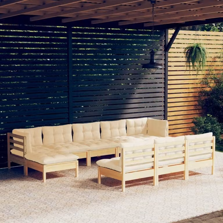 The Living Store Set da giardino da 10 pezzi con cuscini crema in legno di pino